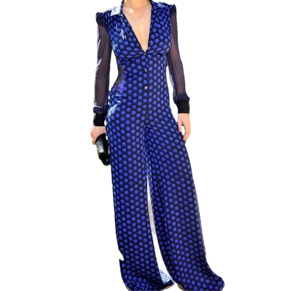 Diane Von Furstenberg Polka Dot Silk Wide Leg Jumpsuit Blue Black Sheer 14 NWT - Picture 1 of 15